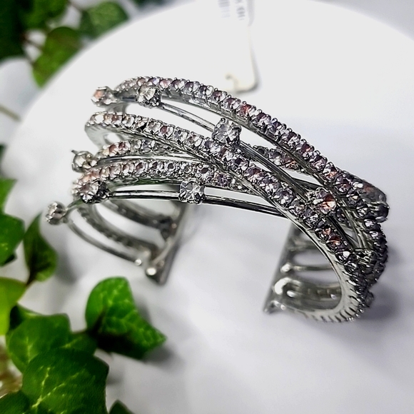 Silver Clear  Crystal Open Cuff Bracelet New - Picture 1 of 9
